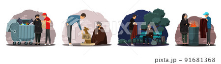 Man helping poor homeless people set. Poverty and charity vector illustration. Guy giving food, clothes, money to beggars in poverty. Social inequality in society. Volunteer workers. 91681368