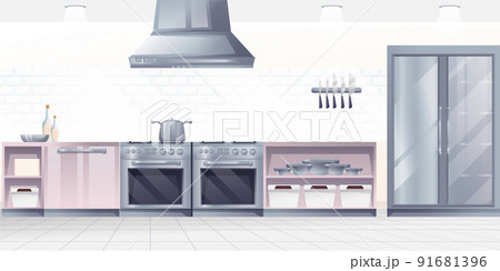 Restaurant kitchen interior design background. Professional place for cooking food with stove, oven, counters, fridge vector illustration. Horizontal panorama of culinary room 91681396
