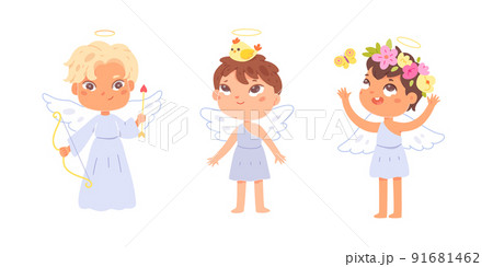 Cute little angels kids set, funny girls and boys with halo and wings, birds and flowers 91681462