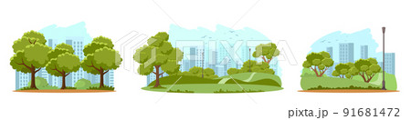 Summer landscape with city park or garden set, nature scenery with green trees and shrub Summer landscape with city park or garden set, nature scenery with green trees and shrub 91681472