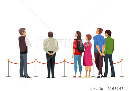 People enjoy exhibits of museum or gallery behind rope fence, visitors stand and walk People enjoy exhibits of museum or gallery behind rope fence, visitors stand and walk 91681474