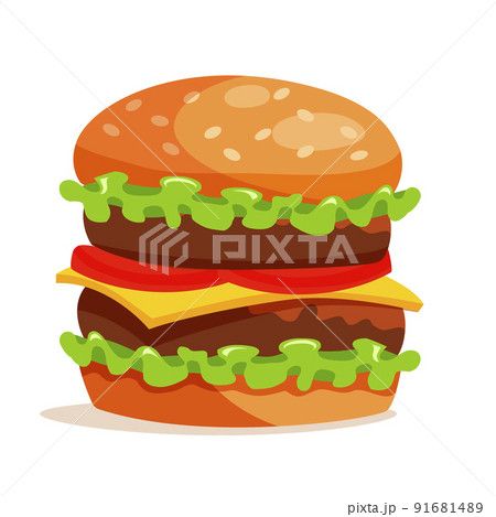 Big burger with double meat, cheese, tomato, green salad leaves quickly prepared and served isolated on white background. Vector bistro fast food menu icon design. 91681489