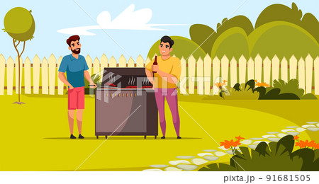 Happy friends grilling barbeque on green lawn near house, male characters cooking meat Happy friends grilling barbeque on green lawn near house, male characters cooking meat 91681505