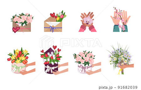A set of flowers in a round box, envelope and in hands. Delivery of bouquets for the holidays. Delicate pink peonies, bright tulips and daisies. Sakura branch and orchid. Vector illustration 91682039