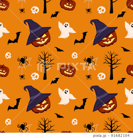Bright dark seamless pattern with pumpkins, ghosts, skulls, bats and spiders. Festive autumn decoration for Halloween. Holiday October background for paper print, textile and design Bright dark seamless pattern with pumpkins, ghosts, skulls, bats and spiders. Festive autumn decoration for Halloween. Holiday October background for paper print, textile and design 91682104