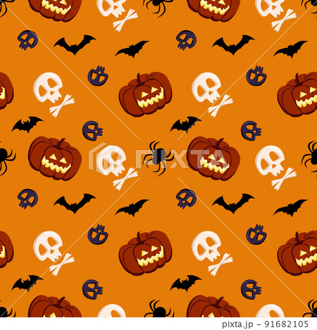 Bright dark seamless pattern with pumpkins, skulls, bats and spiders. Festive autumn decoration for Halloween. Holiday October background for paper print, textile and design 91682105
