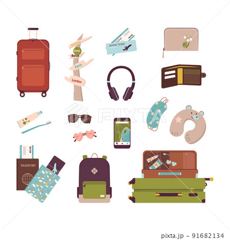 Big set of tourist items for vacation. Luggage icons for travel and hike. A collection of objects and accessories for outdoor recreation and journey around the world. Vector flat illustration 91682134