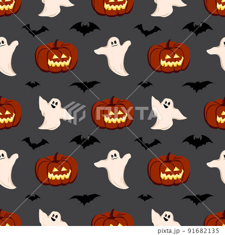Bright dark pattern with pumpkins, ghosts and bats. Festive autumn decoration for Halloween. Holiday October background for paper print, textile and design 91682135
