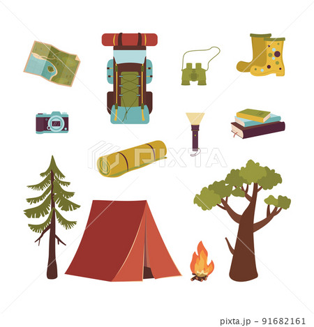Big set of tourist items for vacation. Luggage icons for travel and hike. A collection of objects and accessories for outdoor recreation and journey around the world. Vector flat illustration Big set of tourist items for vacation. Luggage icons for travel and hike. A collection of objects and accessories for outdoor recreation and journey around the world. Vector flat illustration 91682161