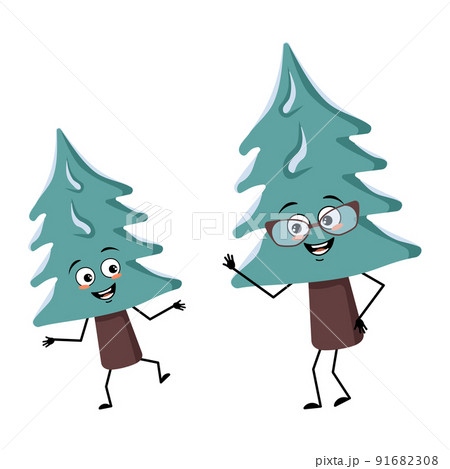 Cute character of Christmas tree cheerful with emotions. Funny grandmother with glasses and grandson with arms and legs. Pine with eyes. New year festive decoration, joyful fir 91682308