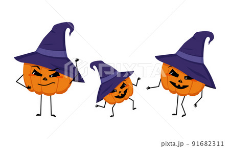 Family of cute pumpkin characters in pointed hat with happy emotions. Mom, dad and the child are dancing. Cheerful vegetable for the holiday Halloween. Festive autumn decoration for October Family of cute pumpkin characters in pointed hat with happy emotions. Mom, dad and the child are dancing. Cheerful vegetable for the holiday Halloween. Festive autumn decoration for October 91682311