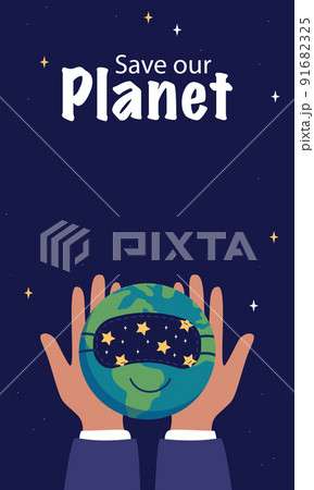 World Sleep Day. Vertical poster. Hands hold a sleeping planet Earth in a mask. Text save our planet. Vector flat illustration 91682325