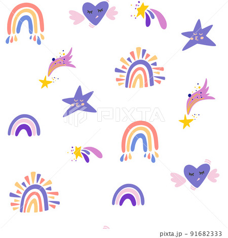 Rainbows clouds and stars seamless pattern. Cute cartoon Children background in the Scandinavian style. Perfect for kids, posters, prints, postcards, fabric. Vector cartoon Illustration  91682333