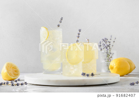 Cold Infused detox water or lemonade with lemon and lavender. 91682407