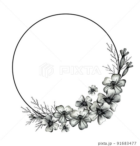 Cute Wreath with Flowers, Leaves and Branches. Circle Frame for Your Text on White Background. 91683477