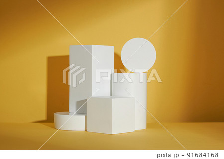 Circle , square white podium , in yellow background and blank space for advertising , abstract content , front view Circle , square white podium , in yellow background and blank space for advertising , abstract content , front view 91684168