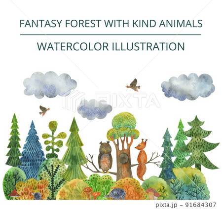 Watercolor illustration Squirrel and owl sit on a branch in a colorful forest with mushrooms and hedgehogs Watercolor illustration Squirrel and owl sit on a branch in a colorful forest with mushrooms and hedgehogs 91684307