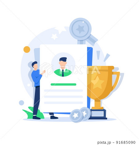 Happy businessman receiving reward and standing near winner cup,Concept of money bonus, reward program, cash back 91685090