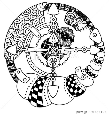Steampunk Black and White Compass Isolated on White Background. Coloring Page. Coloring Book. 91685106