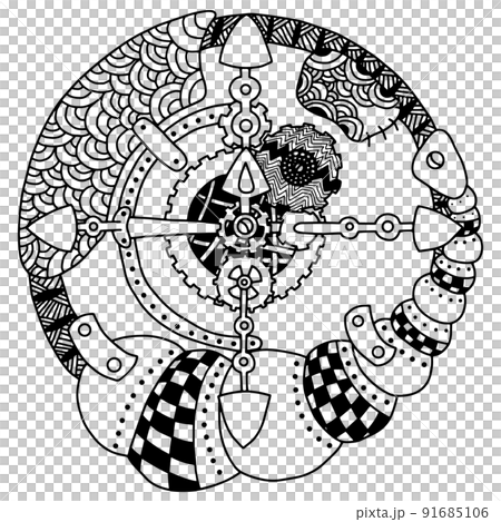 Steampunk Black and White Compass Isolated on White Background. Coloring Page. Coloring Book. Steampunk Black and White Compass Isolated on White Background. Coloring Page. Coloring Book. 91685106