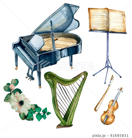 Set of string musical instruments and white flower watercolor illustration on white. Set of string musical instruments and white flower watercolor illustration on white. 91685831