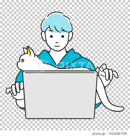 A man disturbed by a cat while working on a computer 91686789