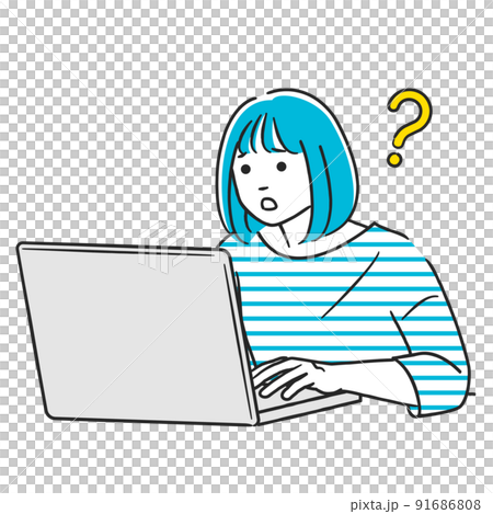 A woman who has questions while working on a computer A woman who has questions while working on a computer 91686808