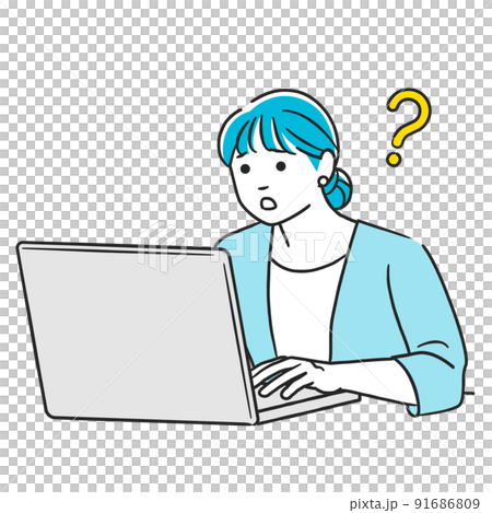 A woman who has questions while working on a computer A woman who has questions while working on a computer 91686809