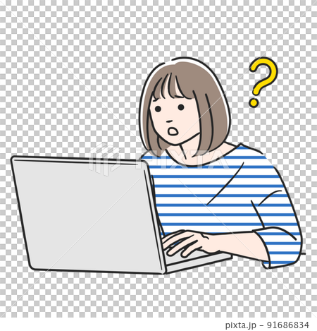 A woman who has questions while working on a computer A woman who has questions while working on a computer 91686834
