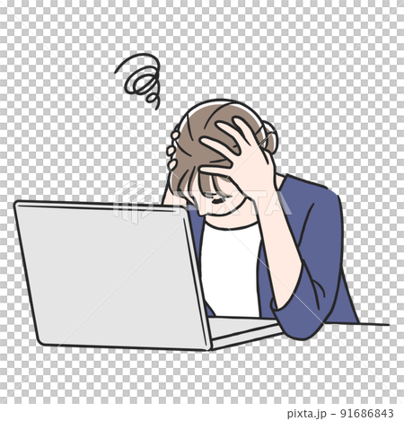 パソコン作業中に頭を抱える女性 91686843