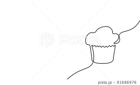 Single continuous line cupcake art. Coffee morning cafe bakery pastry logo silhouette. Concept design one sketch outline drawing vector illustration 91686976