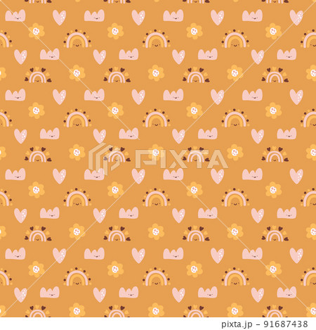 Cute vector kids seamless pattern baby girl with hand drawn rainbow, flower and heart on brown background. Creative childish illustration for fabric, textile Cute vector kids seamless pattern baby girl with hand drawn rainbow, flower and heart on brown background. Creative childish illustration for fabric, textile 91687438