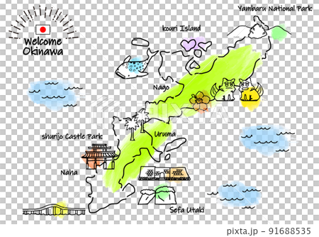 手描きの沖縄地図と観光地のシンプル線画イラスト 91688535