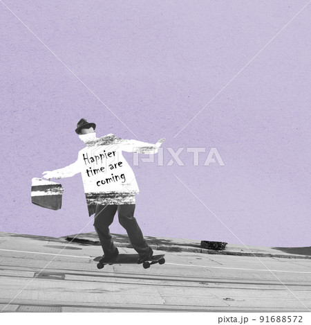 Silhouette of man dressed in suit in 50s, 60s fashion style rides skateboard isolated on grey-purple background. Retro vintage style, business, ad, emotions Silhouette of man dressed in suit in 50s, 60s fashion style rides skateboard isolated on grey-purple background. Retro vintage style, business, ad, emotions 91688572