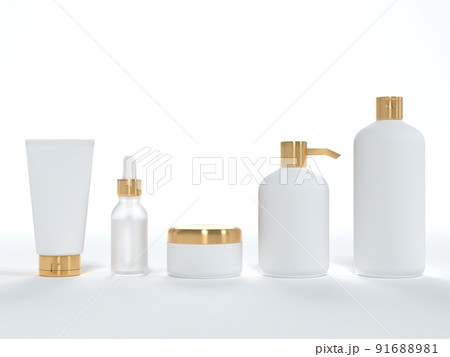 Cosmetic cream tube, jar with lid, liquid soap and shampoo, serum bottle 3D render on white background, different product packaging mock-up 91688981