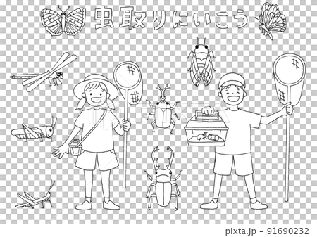Line drawing of boys and girls going to catch insects 91690232