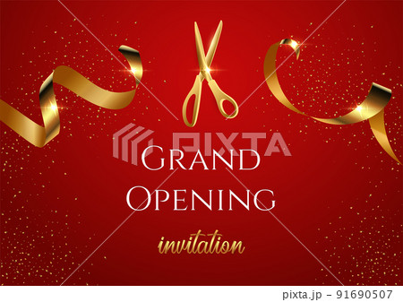 Grand opening invitation red vector banner. Shiny scissors cutting golden ribbon Grand opening invitation red vector banner. Shiny scissors cutting golden ribbon 91690507