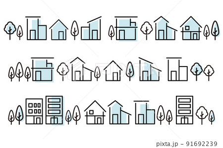 シンプルな家、街並みの線の塗りがあるイラストセット 91692239