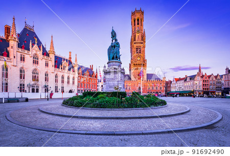 Bruges, Belgium. Grote Markt with Belfry, famous city of Flanders, blue hour colors. 91692490