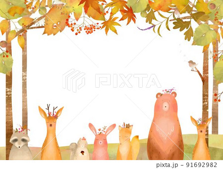 北欧風オシャレな秋の植物や森の動物の白バックフレームのイラストベクター素材 91692982