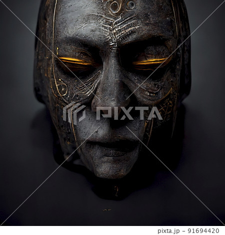 Intricately Detailed Dead Mask with Glowing Eyelids and Gold Metalworks which Starts to Melt Intricately Detailed Dead Mask with Glowing Eyelids and Gold Metalworks which Starts to Melt 91694420