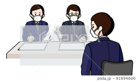 感染対策をして面接を受ける男性　面接官男性二人 91694600