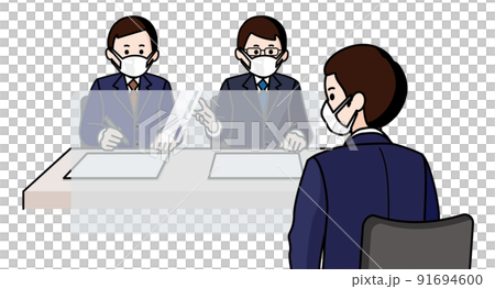 感染対策をして面接を受ける男性　面接官男性二人 91694600