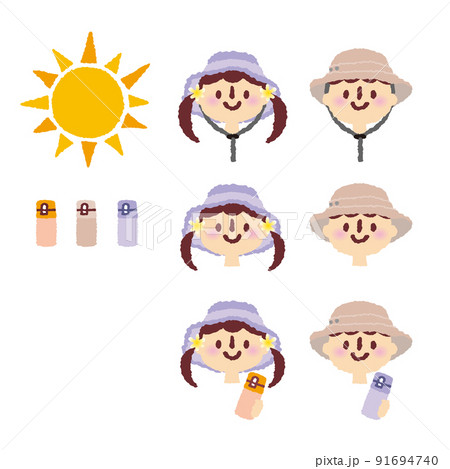 帽子を被った女の子と男の子_マイボトルを持って熱中症対策_手描き素材イラスト 91694740