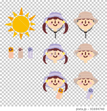 帽子を被った女の子と男の子_マイボトルを持って熱中症対策_手描き素材イラスト 91694740