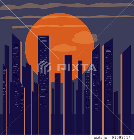 Night city illustration in old retro 70 style. Sunset in big city concept for print. 91695514