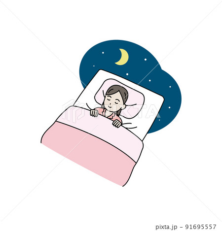 布団で眠る女の子　就寝　睡眠　子供　イラスト 91695557