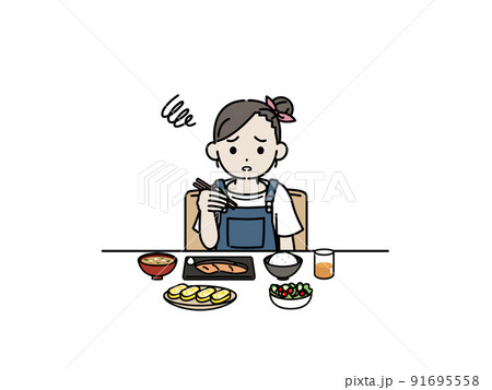 食欲がない　女の子　子供　食べれない　好き嫌い　朝食　イラスト 91695558