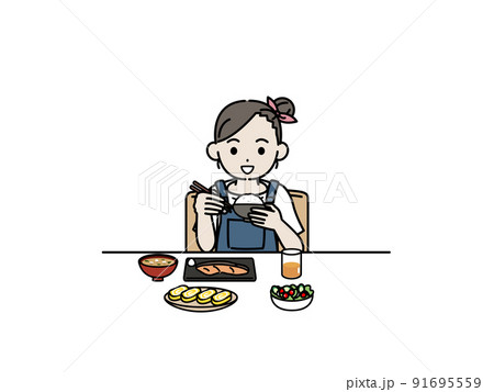 食事をする　女の子　子供　食べる　朝食　イラスト 91695559