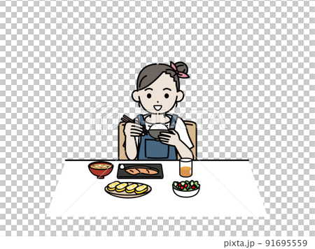 食事をする　女の子　子供　食べる　朝食　イラスト 91695559